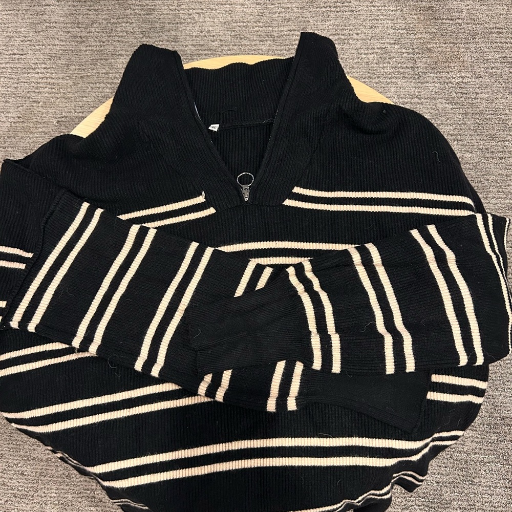 Black and Cream Striped Turtleneck Sweater